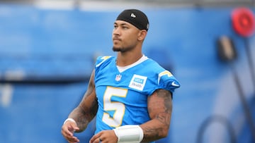 Jul 21, 2025; El Segundo, CA, USA; Los Angeles Chargers quarterback Trey Lance (5) at training camp at The Bolt. Mandatory Credit: Kirby Lee-Imagn Images