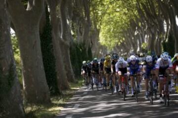 El pelotón recorriendo los 178 km entre Montpellier y el Mont-Ventoux.