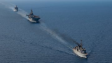 The Royal Saudi Navy frigate 708 HMS Taif, amphibious assault ship USS Bataan (LHD-5), and dock landing ship USS Carter Hall (LSD-50) sail together, as the Bataan Amphibious Ready Group and 26th Marine Expeditionary Unit Special Operations Capable (26th MEU SOC), under the command and control of Task Force 51/5, are on a scheduled deployment to the U.S. 5th Fleet area of operations to help ensure maritime security and stability in the Middle East region, in the Red Sea, in this photo taken on August 8, 2023. U.S. Naval Forces Central Command/U.S. 5th Fleet/Handout via REUTERS ATTENTION EDITORS - THIS PICTURE WAS PROVIDED BY A THIRD PARTY