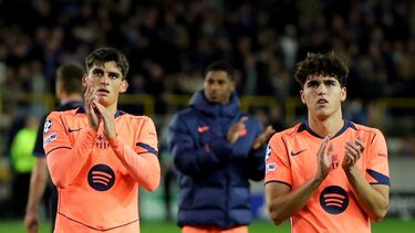 Soccer Football - UEFA Champions League - Club Brugge v FC Barcelona - Jan Breydel Stadium, Bruges, Belgium - November 5, 2025 FC Barcelona's Gerard Martin and Pau Cubarsi after the match REUTERS/Yves Herman