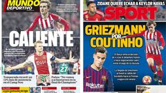 Portadas de Mundo Deportivo y Sport del 18 de abril de 2019 con Antoine Griezmann, Matthijs De Ligt y Philippe Coutinho como protagonistas.