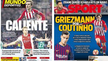 Portadas de Mundo Deportivo y Sport del 18 de abril de 2019 con Antoine Griezmann, Matthijs De Ligt y Philippe Coutinho como protagonistas.