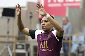 Kylian Mbappe of PSG celebrates his goal during the French championship Ligue 1 football match between RC Strasbourg and Paris Saint-Germain on April 10, 2021 at La Meinau stadium in Strasbourg, France