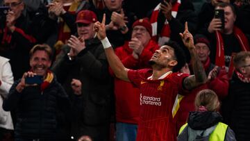 LIVERPOOL, ENGLAND - NOVEMBER 05: (THE SUN OUT, THE SUN ON SUNDAY OUT) Luis Díaz of Liverpool during the UEFA Champions League 2024/25 League Phase MD4 match between Liverpool FC and Bayer 04 Leverkusen at Anfield on November 05, 2024 in Liverpool, England. (Photo by Nikki Dyer - LFC/Liverpool FC via Getty Images)