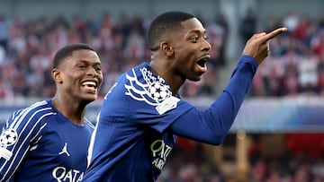LONDON (United Kingdom), 29/04/2025.- Ousmane Dembele (R) of PSG celebrates after scoring the opening goal during the UEFA Champions League semi-finals, 1st leg soccer match between Arsenal FC and Paris Saint-Germain, in London, Britain, 29 April 2025. (Liga de Campeones, Reino Unido, Londres) EFE/EPA/NEIL HALL