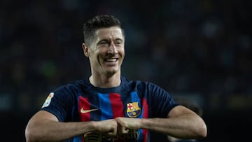 BARCELONA, SPAIN - OCTOBER 23: Robert Lewandowski of FC Barcelona celebrating a goal during spanish league, La Liga Santander, football match played between FC Barcelona and Athletic Club Bilbao at Spotify Camp Nou on October 23, 2022 in Barcelona, Spain. (Photo By Marc Graupera Aloma/Europa Press via Getty Images)