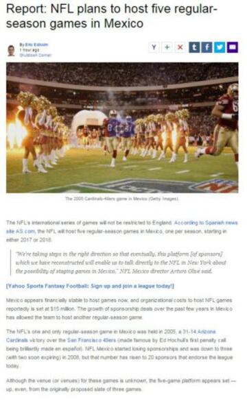 Eric Edholm, de Yahoo Deportes, retomó la excluisiva de AS. La NFL llegaría a México en 2107.