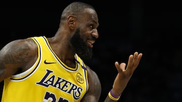 CHARLOTTE, NORTH CAROLINA - JANUARY 27: LeBron James #23 of the Los Angeles Lakers reacts following a play during the second half of the game against the Charlotte Hornets at Spectrum Center on January 27, 2025 in Charlotte, North Carolina. NOTE TO USER: User expressly acknowledges and agrees that, by downloading and or using this photograph, User is consenting to the terms and conditions of the Getty Images License Agreement. Jared C. Tilton/Getty Images/AFP (Photo by Jared C. Tilton / GETTY IMAGES NORTH AMERICA / Getty Images via AFP)