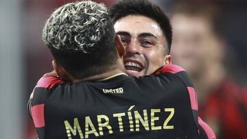 Atlanta United midfielder Pity Martinez, right, hugs forward Josef Martinez, left, for his goal while celebrating their victory over D.C. United in an MLS soccer match Sunday, July 21, 2019, in Atlanta. (Curtis Compton/Atlanta Journal-Constitution via AP)