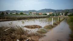 La calle inundada por las lluvias en Les Cases d'Alcanar, Tarragona, Catalunya (España). 