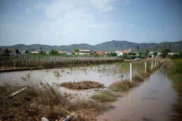 La calle inundada por las lluvias en Les Cases d'Alcanar, Tarragona, Catalunya (España). 