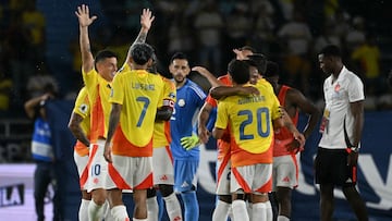 Colombia's midfielder #10 James Rodriguez (L) celebrates at the end of the 2026 FIFA World Cup South American qualifiers football match between Colombia and Bolivia at the Roberto Melendez Metropolitan stadium in Barranquilla, Colombia on September 4, 2025. (Photo by Luis ACOSTA / AFP)