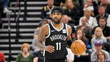 Nov 12, 2019; Salt Lake City, UT, USA; Brooklyn Nets guard Kyrie Irving (11) dribbles up the court during the second half against the Utah Jazz at Vivint Smart Home Arena. Mandatory Credit: Russ Isabella-USA TODAY Sports