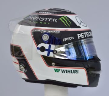 Lateral del casco del piloto finlandés Valtteri Bottas de Mercedes.