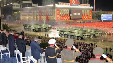 North Korean leader Kim Jong Un watches a military parade celebrating the 80th anniversary of the founding of the ruling Workers' Party of Korea (WPK), in Pyongyang, North Korea, in this pictured released October 11, 2025 by North Korea's official Korean Central News Agency. KCNA via REUTERS ATTENTION EDITORS - THIS IMAGE WAS PROVIDED BY A THIRD PARTY. REUTERS IS UNABLE TO INDEPENDENTLY VERIFY THIS IMAGE. NO THIRD PARTY SALES. SOUTH KOREA OUT. NO COMMERCIAL OR EDITORIAL SALES IN SOUTH KOREA.