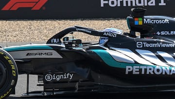 Mercedes' British driver George Russell drives during a practice session ahead of the Formula One Chinese Grand Prix at the Shanghai International Circuit in Shanghai on March 13, 2026. (Photo by Jade Gao / AFP)