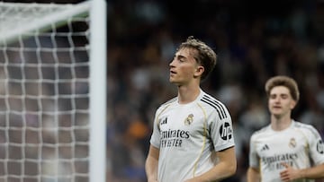 Real Madrid's Spanish defender #24 Dean Huijsen celebrates scoring his team's third goal during the Spanish league football match between Real Madrid CF and Elche CF at the Santiago Bernabeu Stadium in Madrid on March 14, 2026. (Photo by Oscar DEL POZO / AFP)