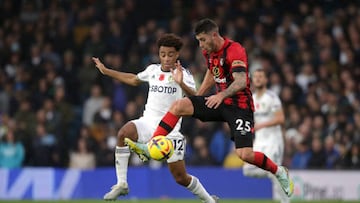 Leeds United's Tyler Adams (left) and Bournemouth's Marcos Senesi battle for the ball during the Premier League match at Elland Road, Leeds. Picture date: Saturday November 5, 2022. (Photo by Ian Hodgson/PA Images via Getty Images)