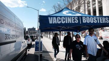 NEW YORK, NEW YORK - APRIL 08: A Covid vaccine and testing site is set up outside of Yankee Stadium on the Opening Day of the season for the Yankees as they face off against rivals the Boston Red Sox on April 08, 2022 in New York City. New York won the game in a dramatic 6-5 win over the Red Sox. Spencer Platt/Getty Images/AFP
== FOR NEWSPAPERS, INTERNET, TELCOS & TELEVISION USE ONLY ==
