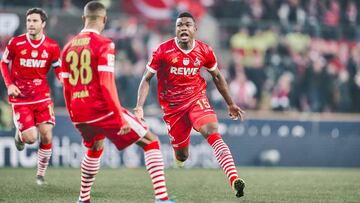 Jhon C&oacute;rdoba celebra su primer gol en Bundesliga con Colonia.