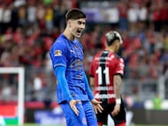 Guadalajara's forward #34 Armando Gonzalez celebrates scoring his team's first goal during the Liga MX Clausura football match between Atlas and Guadalajara at the Jalisco Stadium in Guadalajara, Mexico on March 7, 2026. (Photo by Ulises RUIZ / AFP)