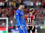 Guadalajara's forward #34 Armando Gonzalez celebrates scoring his team's first goal during the Liga MX Clausura football match between Atlas and Guadalajara at the Jalisco Stadium in Guadalajara, Mexico on March 7, 2026. (Photo by Ulises RUIZ / AFP)