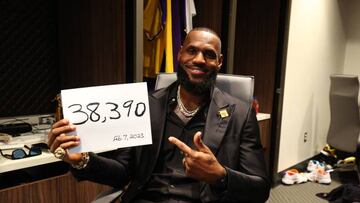 LOS ANGELES, CA - FEBRUARY 7: LeBron James #6 of the Los Angeles Lakers celebrates in the locker room after breaking Kareem Abdul-Jabbars, all time scoring record of 38,387 points against the Oklahoma City Thunder on February 7, 2023 at Crypto.Com Arena in Los Angeles, California. NOTE TO USER: User expressly acknowledges and agrees that, by downloading and/or using this Photograph, user is consenting to the terms and conditions of the Getty Images License Agreement. Mandatory Copyright Notice: Copyright 2023 NBAE (Photo by Nathaniel S. Butler/NBAE via Getty Images)