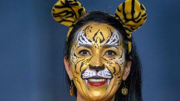 A fan of Tigres cheers for their team during the Mexican Clausura 2023 tournament football, match against Toluca at the Universitario stadium in Monterrey, Mexico, on May 11, 2023. (Photo by Julio Cesar AGUILAR / AFP)