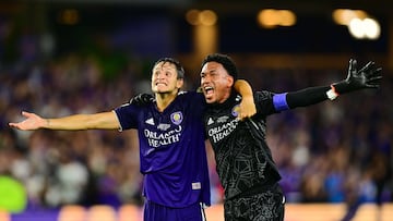 ORLANDO, FLORIDA - SEPTEMBER 07: Rodrigo Schlegel #15 and Pedro Gallese #1 of Orlando City celebrate after Orlando City went up 3-0 against the Sacramento Republic FC in the second half during the Lamar Hunt U.S. Open Cup at Exploria Stadium on September 07, 2022 in Orlando, Florida.   Julio Aguilar/Getty Images/AFP