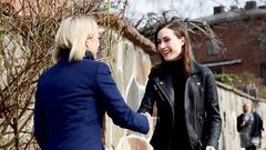 Swedish Prime Minister Magdalena Andersson welcomes Finnish Prime Minister Sanna Marin prior to a meeting on whether to seek NATO membership in Stockholm, Sweden, on April 13, 2022.