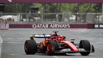 Ferrari's Monegasque driver Charles Leclerc steers his car during the third practice session ahead of the Formula One Azerbaijan Grand Prix at the Baku City Circuit in Baku on September 14, 2024. (Photo by Andrej ISAKOVIC / AFP)