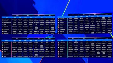 This photograph shows a screen displaying fixtures of the group stage of 2024-2025 UEFA Champions League football tournament, at the Grimaldi Forum in Monaco on August 29, 2024. (Photo by Valery HACHE / AFP)