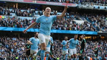 MANCHESTER, ENGLAND - APRIL 15: Erling Haaland of Manchester City celebrates after scoring their side's second goal during the Premier League match between Manchester City and Leicester City at Etihad Stadium on April 15, 2023 in Manchester, England. (Photo by James Gill - Danehouse/Getty Images)