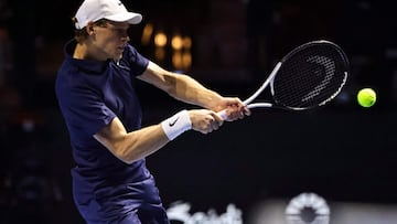 Italy's Jannik Sinner hits a return against Spain's Carlos Alcaraz during the final the Six Kings Slam exhibition tennis tournament in Riyadh on October 18, 2025. (Photo by Fayez NURELDINE / AFP)