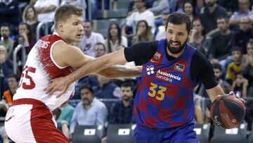 GRAF2170. BARCELONA, 03/11/2019.- Nikola Mirotic (d), del Barça, intenta avanzar ante la oposición del lituano Egidijus Mockevicius (i), del Montakit Fuenlabrada, durante el partido de la Liga ACB jugado hoy domingo en el Palau Blaugrana, en Barcelona. EFE/Andreu Dalmau