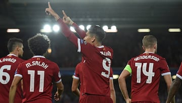 LIVERPOOL, ENGLAND - AUGUST 23:  (THE SUN OUT, THE SUN ON SUNDAY OUT)  Roberto Firmino of Liverpool celebrates the forth goal during the UEFA Champions League Qualifying Play-Offs round second leg match between Liverpool FC and 1899 Hoffenheim at Anfield on August 23, 2017 in Liverpool, United Kingdom.  (Photo by John Powell/Liverpool FC via Getty Images)