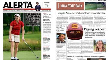 Portadas del Alerta de Cantabria y del Iowa State Daily en recuerdo de la golfista c&aacute;ntabra Celia Barqu&iacute;n.