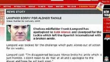 <b>LAMPARD SE DISCULPA.</b> La página web del Liverpool recoge las disculpas del jugador del Chelsea, Frank Lampard, por la lesión que produjo al ex realista Xabi Alonso.