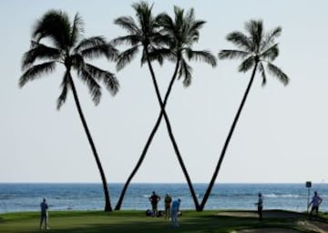 Curiosa imagen con Fabián Gómez pateando en el hoyo 16 en el Open de Hawaii en Honolulu.