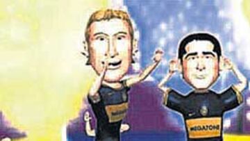 <b>BOCA TOONS. </b>Desde la izquierda, Martín Palermo y Riquelme.