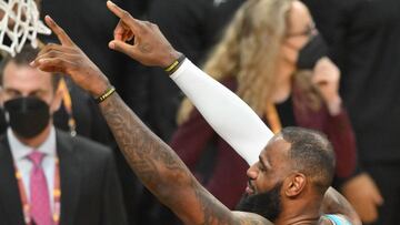 Feb 20, 2022; Cleveland, Ohio, USA; Team LeBron forward LeBron James celebrates after Team LeBron defeated Team Durant in the 2022 NBA All-Star Game at Rocket Mortgage FieldHouse. Mandatory Credit: David Richard-USA TODAY Sports