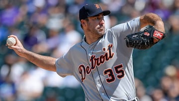 DENVER, CO - AUGUST 30: Justin Verlander #35 of the Detroit Tigers pitches against the Colorado Rockies in the third inning of a game at Coors Field on August 30, 2017 in Denver, Colorado. Dustin Bradford/Getty Images/AFP
== FOR NEWSPAPERS, INTERNET, TELCOS & TELEVISION USE ONLY ==