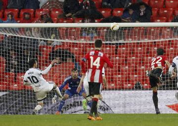 Raúl García (right) heads the night's only goal past keeper Matthew Ryan.