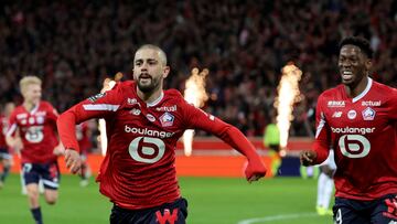 Lille's Kosovar midfielder #23 Edon Zhegrova celebrates after scoring a goal during the French L1 football match between Lille LOSC and RC Lens at Stade Pierre-Mauroy in Villeneuve-d'Ascq, northern France on March 29, 2024. (Photo by DENIS CHARLET / AFP)