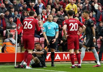 Liverpool's Andrew Robertson appeals to assistant referee Constantine Hatzidakis during the match at Anfield.