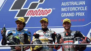 Garage Plus Interwetten&#039;s Swiss rider Thomas Luthi (C) celebrates his victory on the podium next to second-placed Estrella Galicia 0,0 Marc VDS&#039; Italian rider Franco Morbidelli (L) and third-placed Dynavolt Intact GP&#039;s German rider Sandro Cortese after the Moto2 race at the Australian Grand Prix at Phillip Island on October 23, 2016. / AFP PHOTO / SAEED KHAN / IMAGE RESTRICTED TO EDITORIAL USE - STRICTLY NO COMMERCIAL USE