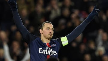 Zlatan Ibrahimovic celebrates a goal for PSG. 