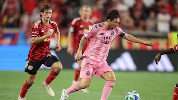 Jul 19, 2025; Harrison, New Jersey, USA; Inter Miami CF forward Lionel Messi (10) plays the ball during the second half against the New York Red Bulls at Sports Illustrated Stadium. Mandatory Credit: Vincent Carchietta-Imagn Images