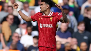 Soccer Football - Premier League - Liverpool v Tottenham Hotspur - Anfield, Liverpool, Britain - April 27, 2025 Liverpool's Luis Diaz celebrates scoring a goal before it was disallowed following a VAR review REUTERS/Phil Noble EDITORIAL USE ONLY. NO USE WITH UNAUTHORIZED AUDIO, VIDEO, DATA, FIXTURE LISTS, CLUB/LEAGUE LOGOS OR 'LIVE' SERVICES. ONLINE IN-MATCH USE LIMITED TO 120 IMAGES, NO VIDEO EMULATION. NO USE IN BETTING, GAMES OR SINGLE CLUB/LEAGUE/PLAYER PUBLICATIONS. PLEASE CONTACT YOUR ACCOUNT REPRESENTATIVE FOR FURTHER DETAILS..