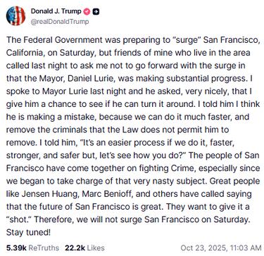 Trump cancela el despliegue de la Guardia Nacional en San Francisco tras conversar con el alcalde